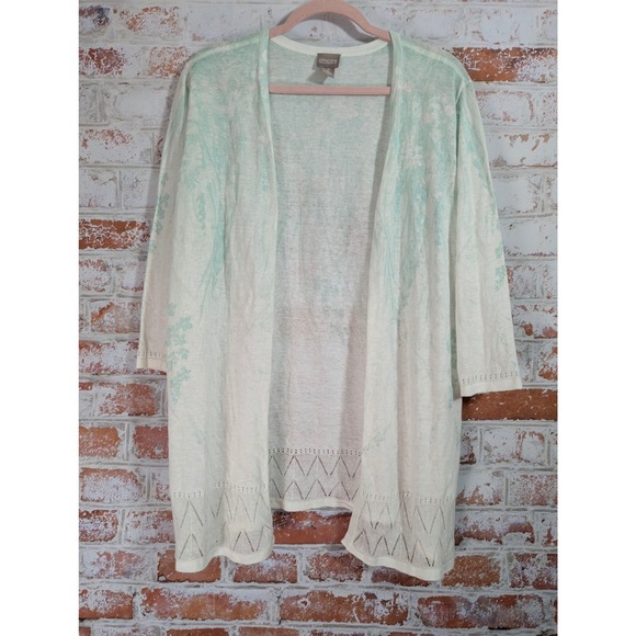 Chico's Sweaters - Chico's Cardigan Women 2 White Mint Green Floral Open Front Pointelle Knit